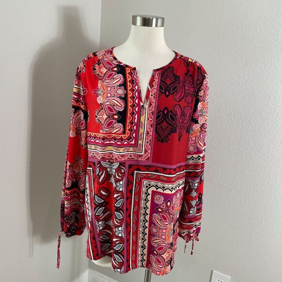 Chicos Womens XL Red Paisley Patchwork Top Tie Cuff Long Sleeve V Neck Blouse Sh - Picture 1 of 10